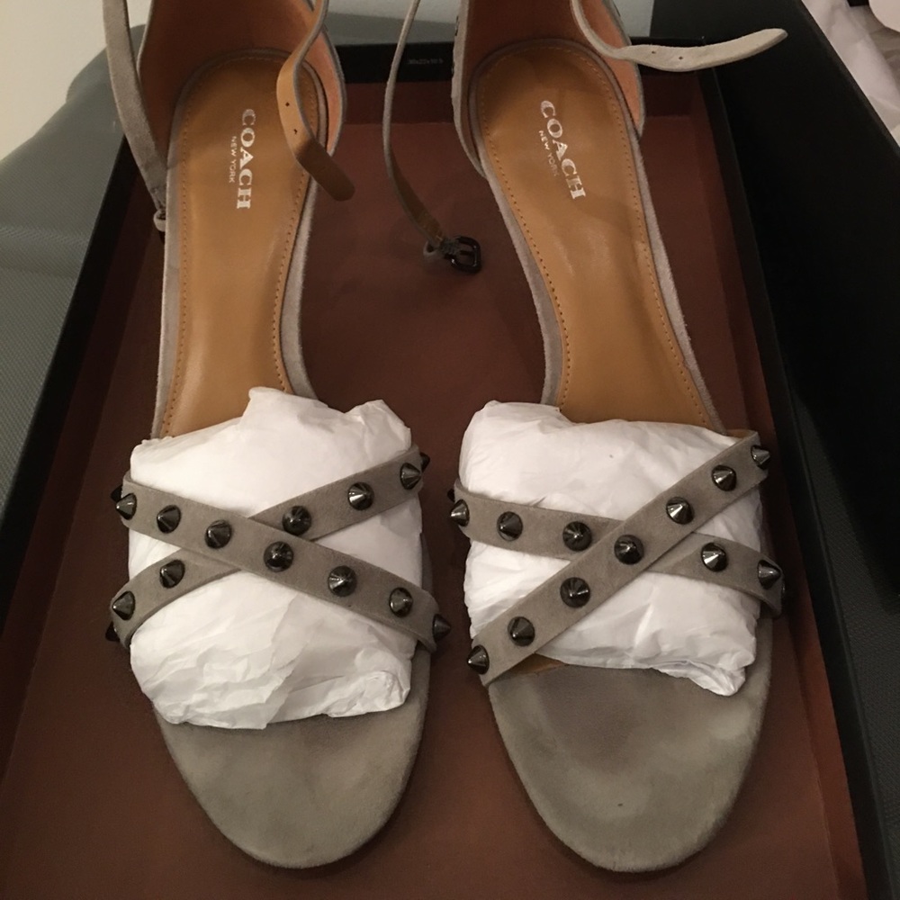 Coach ankle strap grey suede stud heels Size 9.5